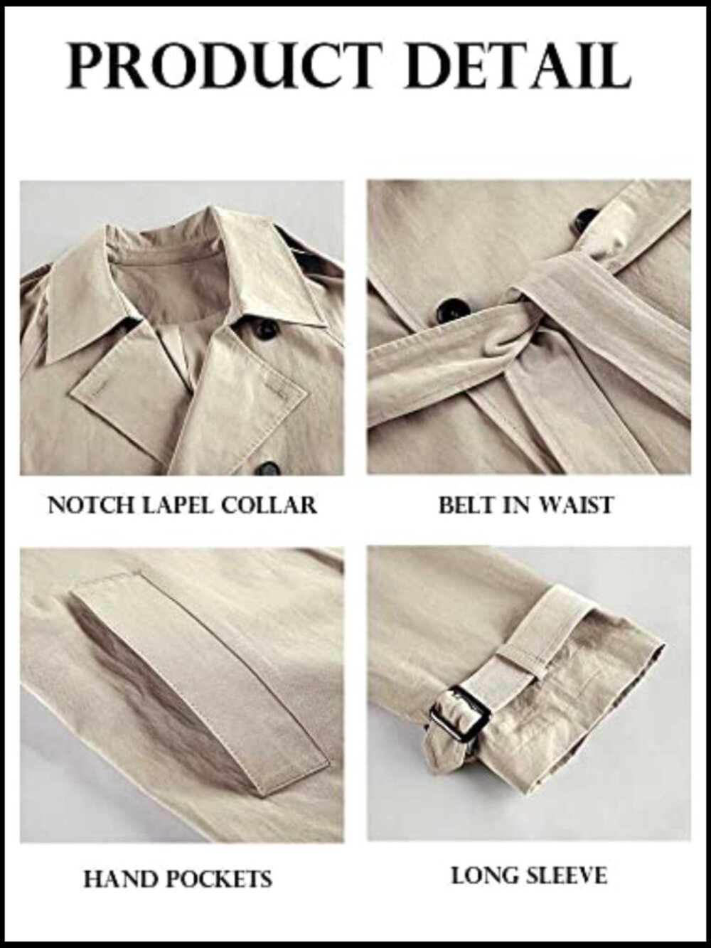 Double Breasted Long Trench Coat Windproof Slim Overcoat with Belt - Picture 6 of 7